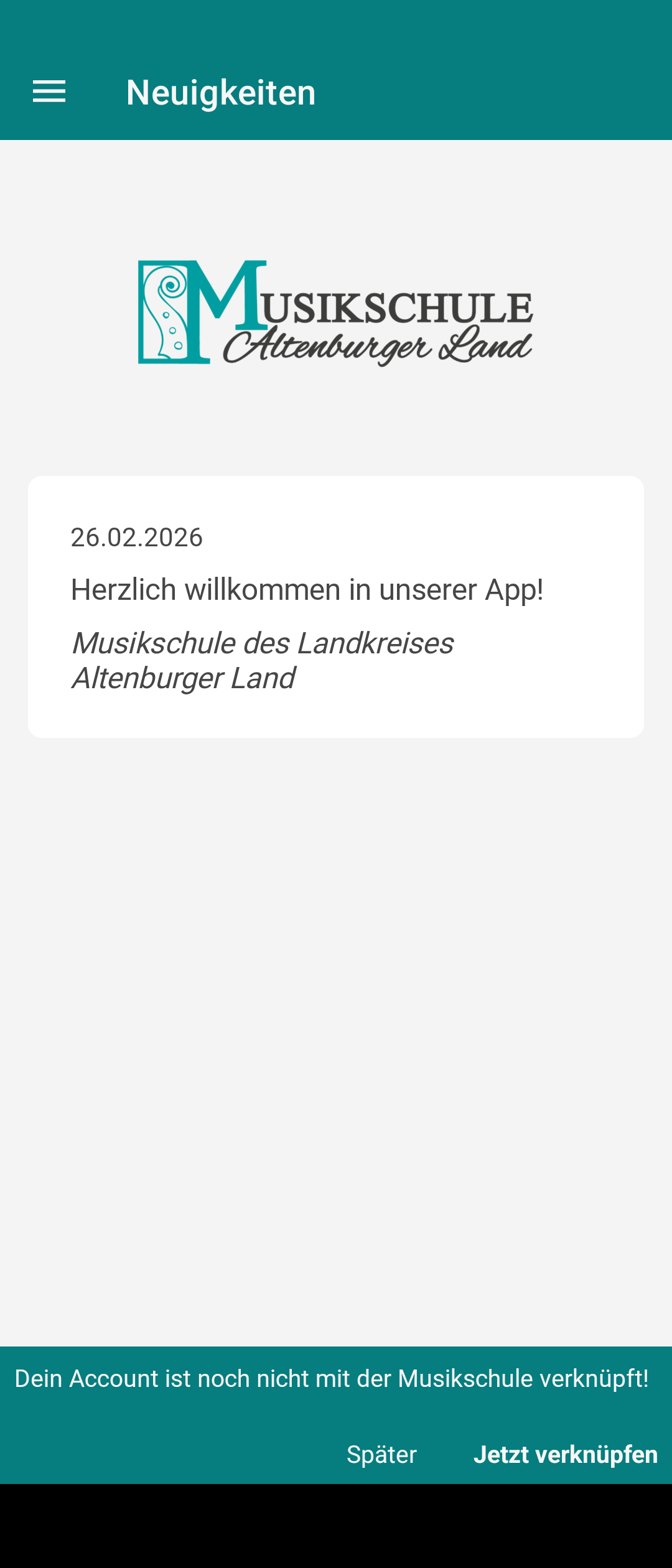 Ansicht der einmaligen Aufforderung zur Verknüpfung mit der Musikschule im Registrierungsprozess der Musikschul-App