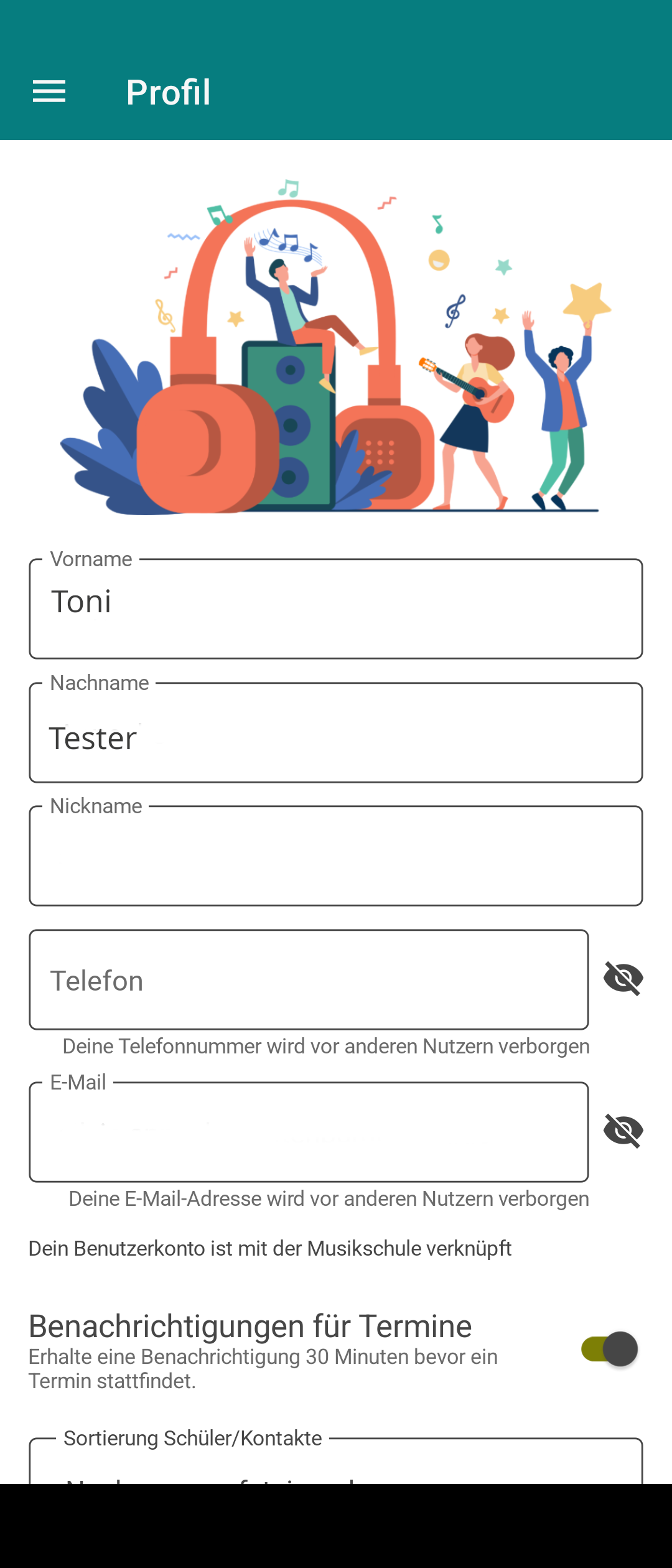 Ansicht der hinterlegten Profildaten eines Nutzers nach abgeschlossener Registrierung in der Musikschul-App