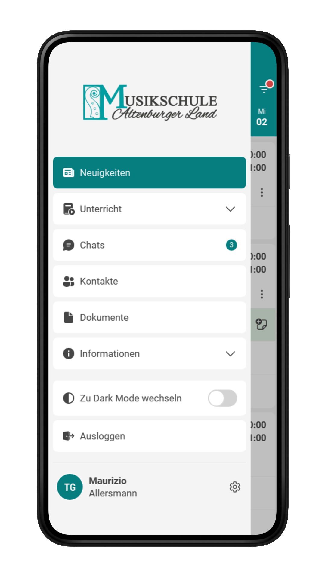 Menüansicht in der Musikschul-App