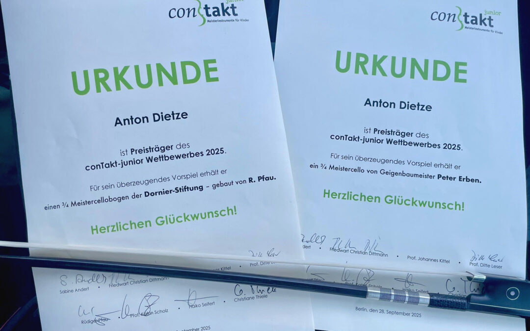 Celloschüler Anton Dietze ist Preisträger beim 10. conTakt-junior Wettbewerb in Berlin