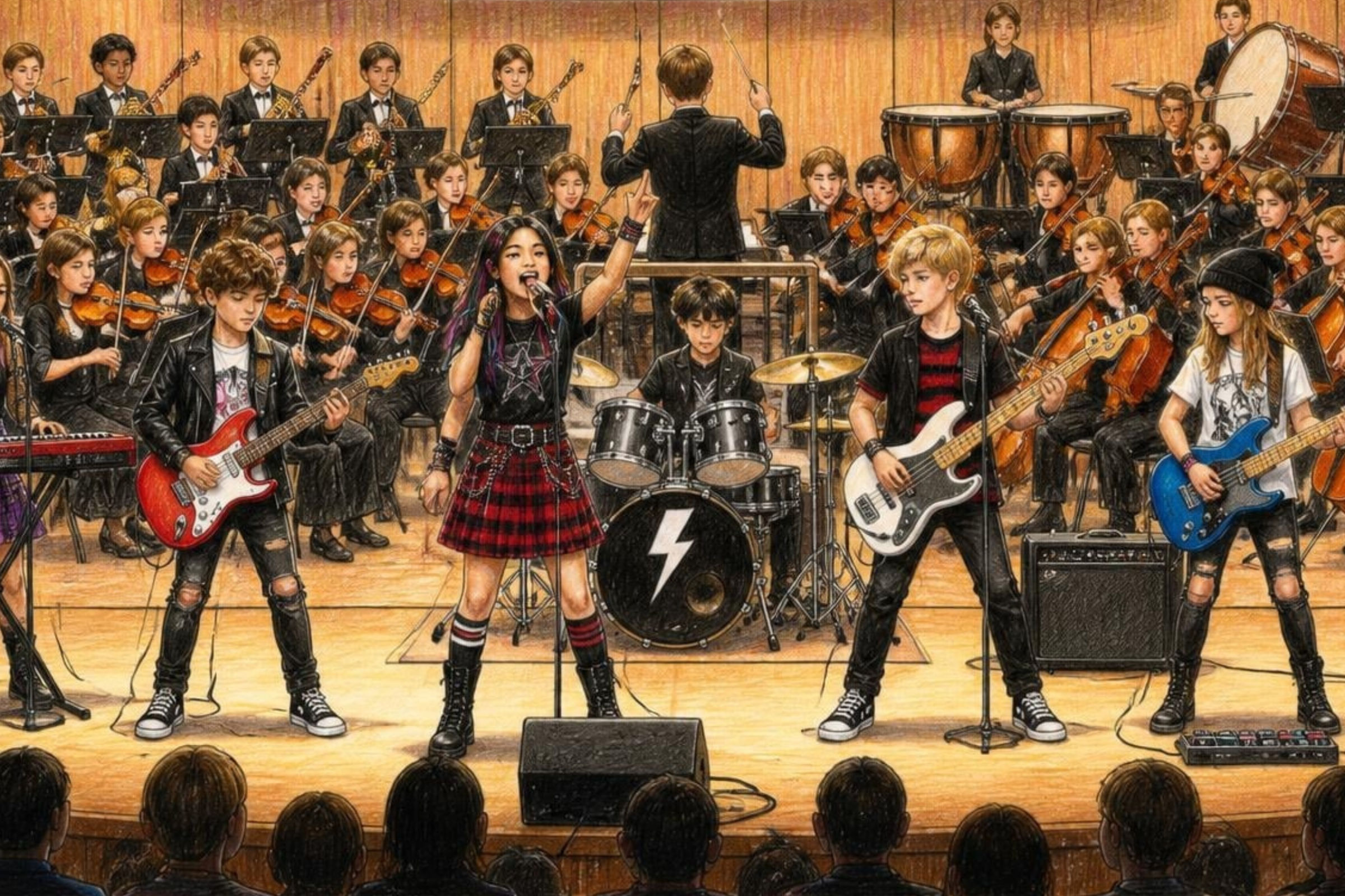 Jugendliche geben zusammen als Band und Orchester ein Rock-Pop-Konzert auf einer großen Bühne