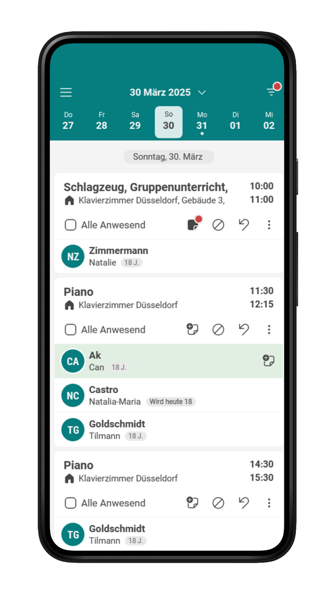 Beispiel einer Kalenderansicht mit dem Stundenplan für eine Lehrkraft in der Musikschul-App