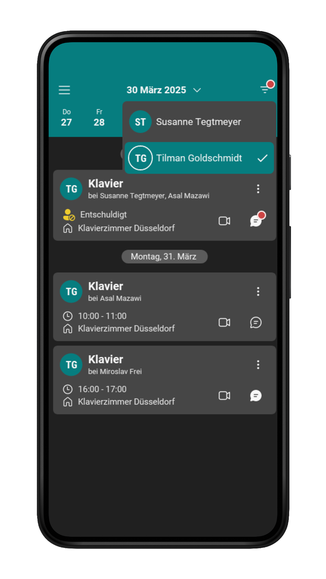 Beispiel einer Stundenplanansicht im Kalender im Darkmode in der Musikschul-App