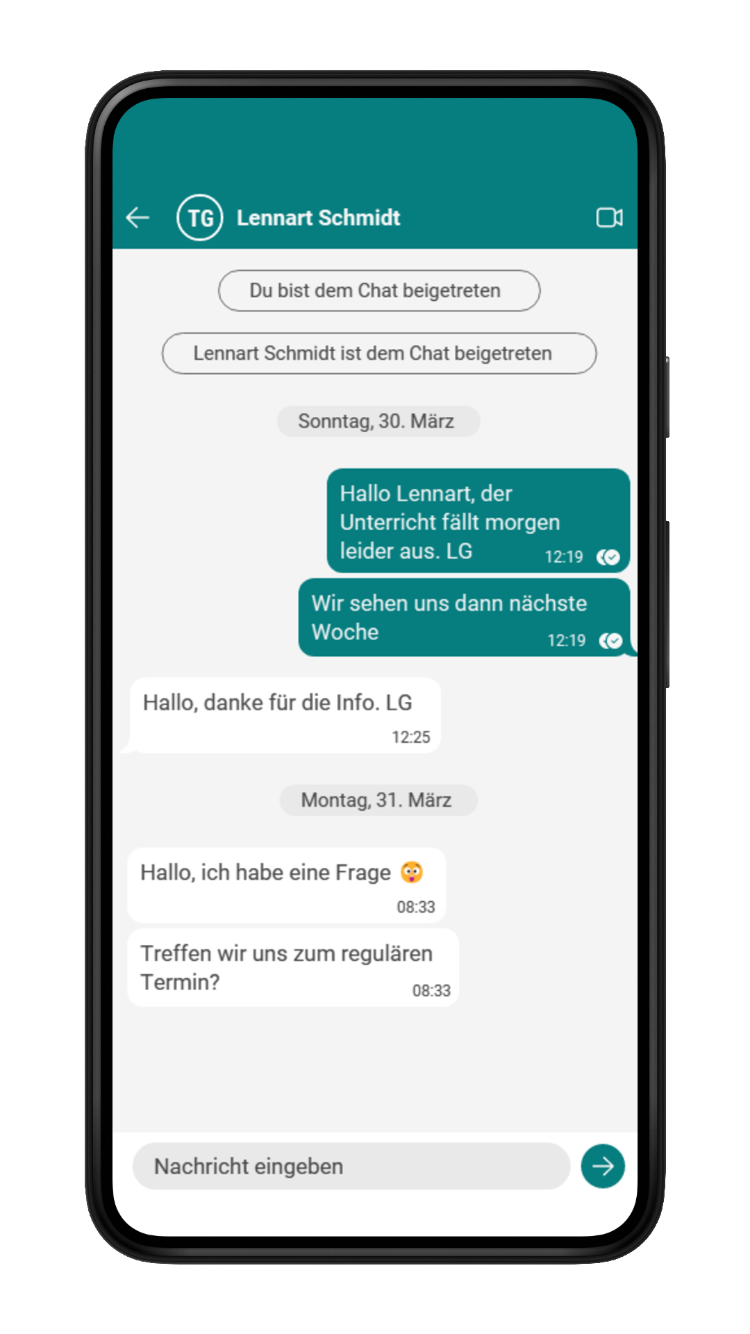 Beispielansicht eines Chatverlaufs zwischen Lehrkraft und Schüler im Lightmode in der Musikschul-App
