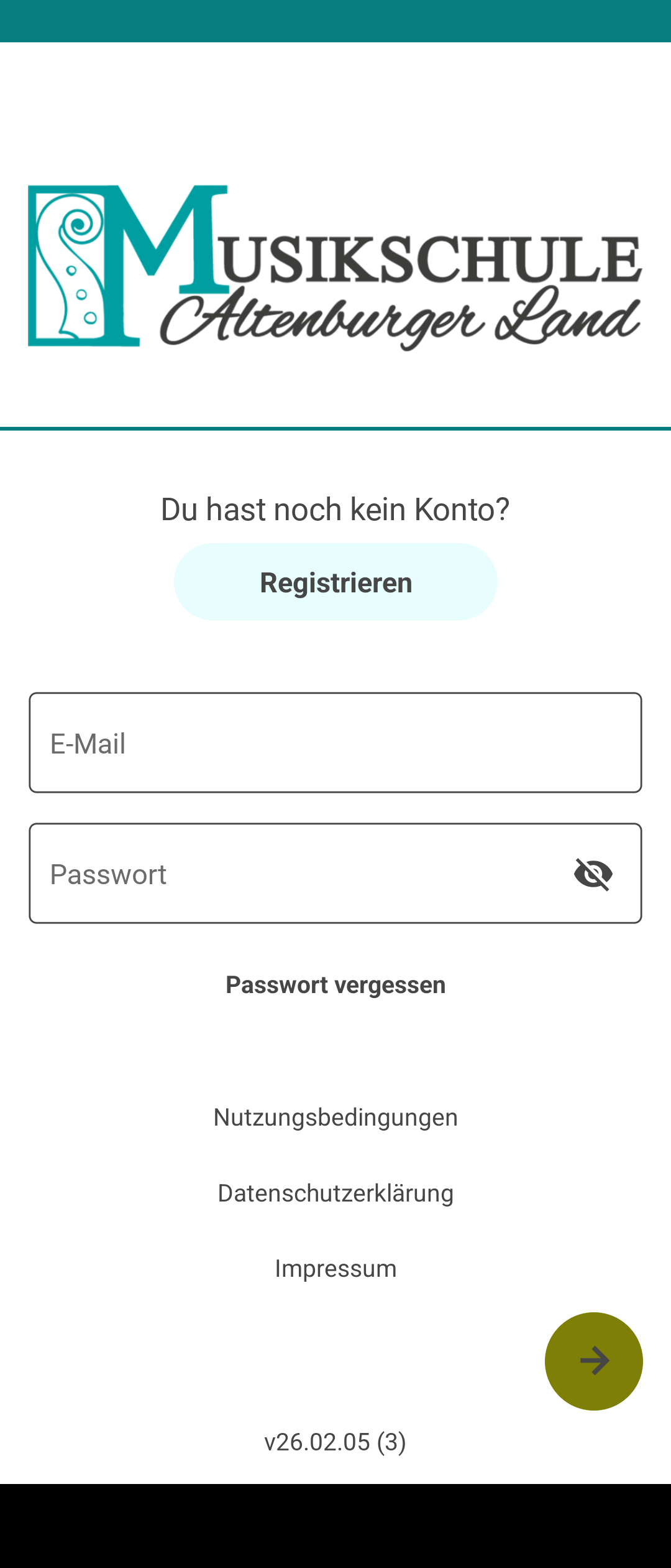 Ansicht für die Erstregistrierung in der Musikschul-App