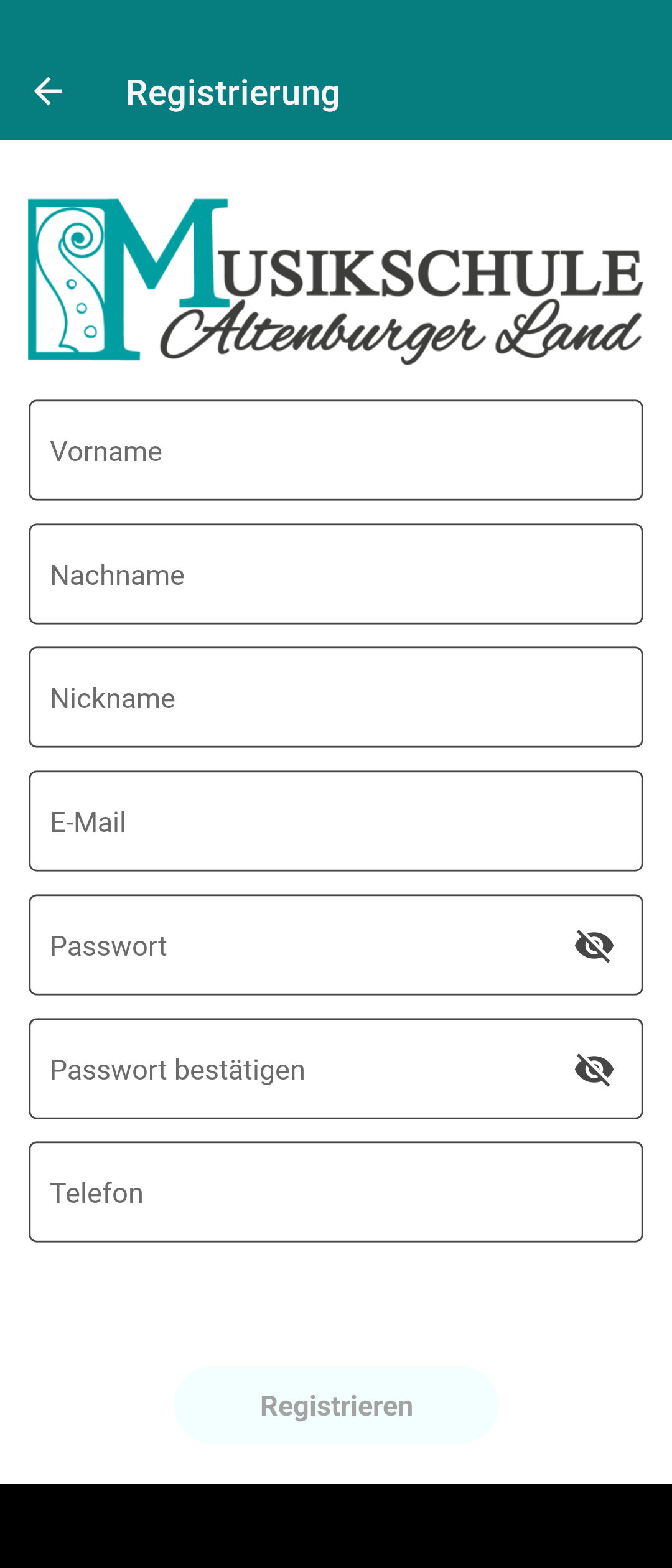 Ansicht der einzugebenden Personendaten für die Erstregistrierung in der Musikschul-App