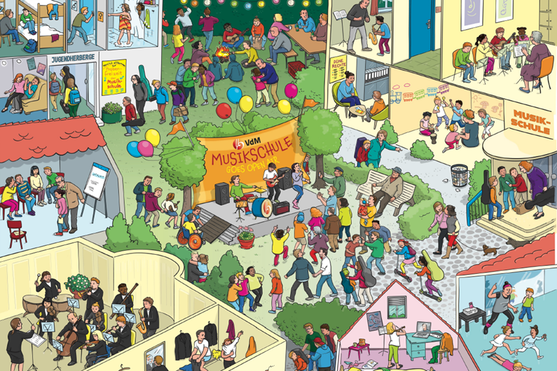 comichaft dargestelletes Bild mit dem täglichen Geschehen in einer Musikschule, Kinder, Jugendliche und Erwachsene musizieren in unterschiedlichen Räumen