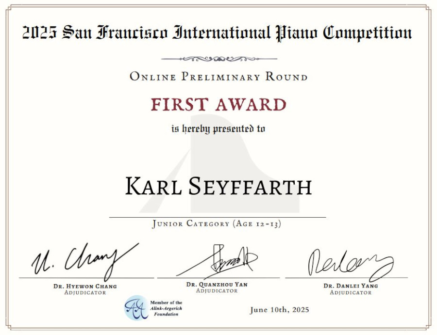 Zertifikat von Karl Seyffarth, 2025 San Francisco Internationaler Klavierwettbewerb