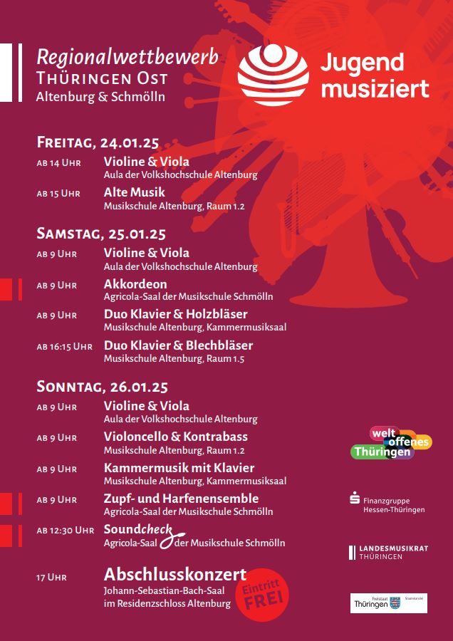Jugend Musiziert, 24. - 26. Januar 2025 Regionalwettbewerb Thüringen Ost in Altenburg und Schmölln Jugend Musiziert, 24. - 26. Januar 2025 Regionalwettbewerb Thüringen Ost in Altenburg und Schmölln